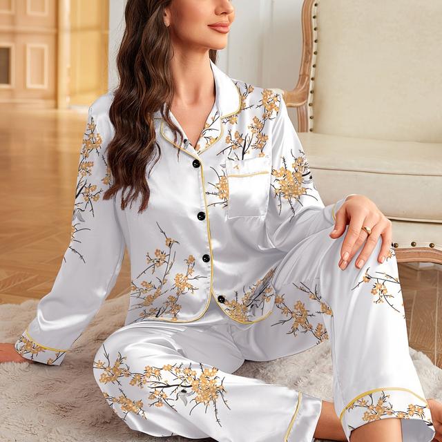 TEMU Elegant Women's Floral Print Lapel Long Pants Long Sleeve Pajama Set Loungewear Set