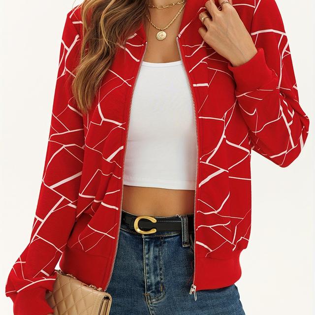 TEMU Women's Red Geometric Print Baseball Collar Zip-up Jacket - Lightweight Spring/fall Casual Outerwear, Machine Washable Elegant Design For Weather