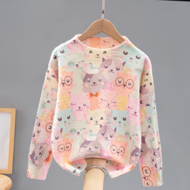 TEMU Christmas Girls' Fashion Print Knit Sweater, Cute Cat Pullover For All Outdoor Holiday Wear - Best Festive Gift For Girl-023