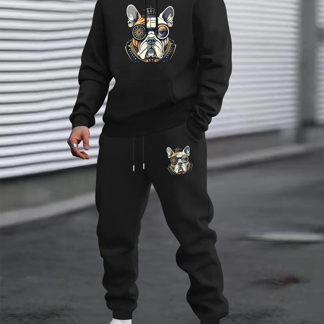 TEMU 남성용 강아지 프린트 요소가 들어간 롱슬리브 후디 세트, 스타일리시하고 트렌디한 캐주얼 스포츠웨어.
