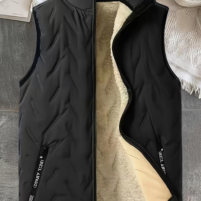 TEMU Men's Warm Quilted Vest, Casual High Neck Sleeveless Jacket With Geometric Pattern, Regular Fit Fiber Filled Fall/winter Outerwear With Pockets