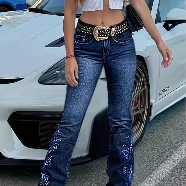 TEMU Women's Vintage Stretch Flare Jeans - Mid-rise No Belt Wide- Denim Pants Suitable For, Rayon/spandex/polyester Blend Retro , Machine Washable For Evening Outfits & Daily Wear (flare)