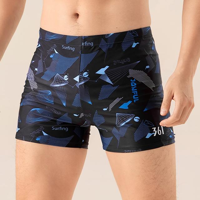 TEMU Men's Geometric Print Boxer Sports Swimming Trunks, Active Breathable Skinny Sports Swimwear For Summer Beach Pool Swimming Surfing