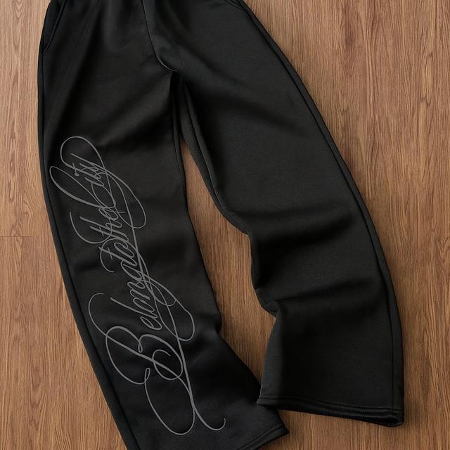 TEMU Men' Style Pants With Printed Casual Black Sports Pants On The Sides