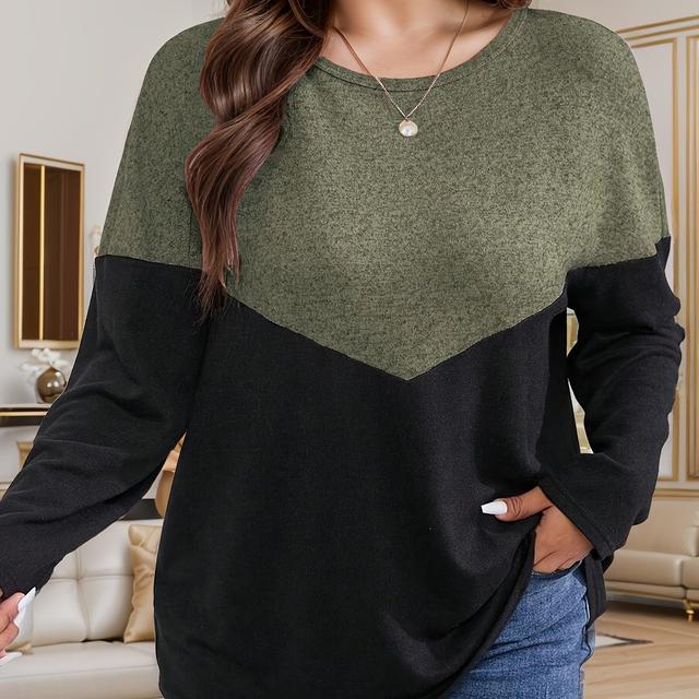 TEMU Camiseta de cuello de larga de talla grande con bloques de color, top para y otoño, ropa de talla grande para mujer.