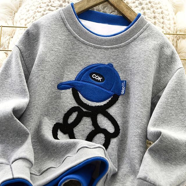 TEMU A Trendy Round-neck Sweatshirt For Boys With A Two-piece Design, Featuring Embroidery And A Stylish Regular Fit