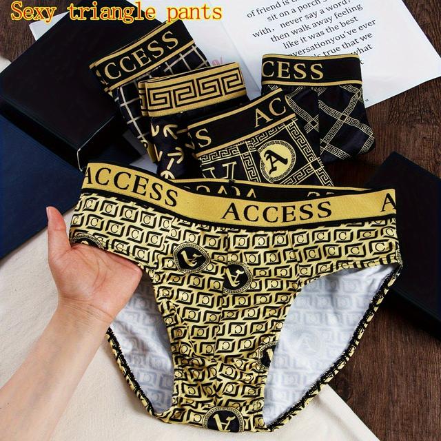TEMU Random 10pcs Men's Golden Letter Print Triangle Briefs - Super Soft Feelings, & Breathable - Sports Shorts For Daily Casual Wearing