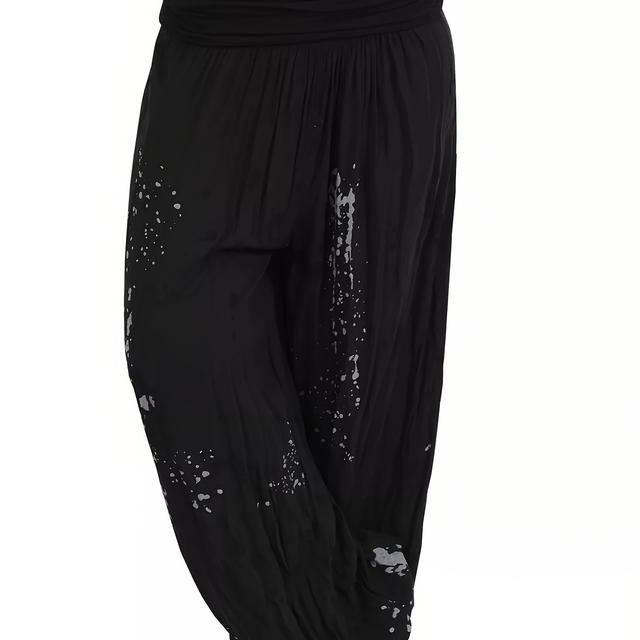 TEMU Women's Vibrant Pink Harem Pants With Black Floral Print - Loose Fit, , , Casual Wear|floral Print Pants|stretchy Fabric