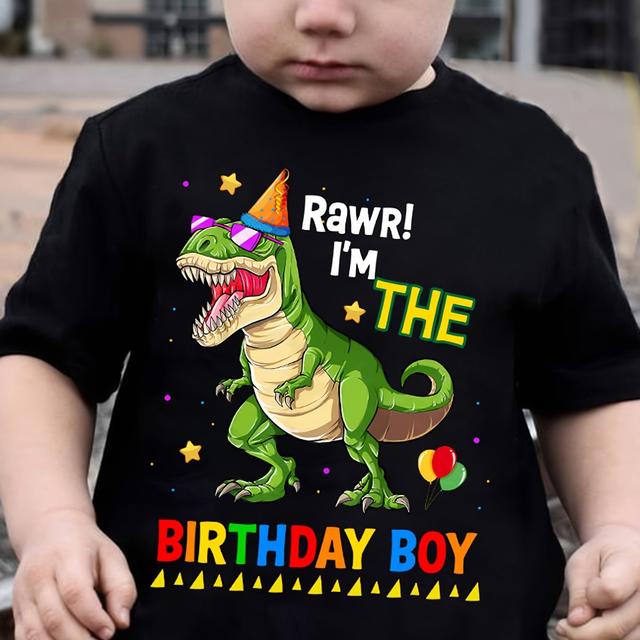 TEMU Summer Boys' Stylish T-shirts Featuring 'birthday Boy' With A Dinosaur Print, Perfect For Casual Wear.