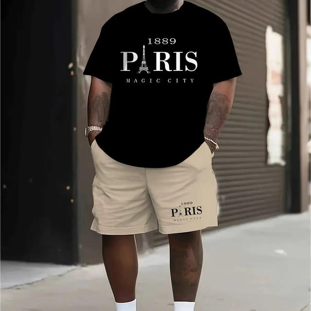 TEMU Men's Plus Size "paris" Graphic T-shirt & Shorts Set - Black With White Print, Comfortable Round Neck, Casual Sporty Style, , Casual Wear||, Plus Size, Yhwh White T-shirt
