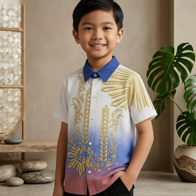 TEMU Modern Fashion Shirt For Filipino Boys, Featuring A 3d Printed Design, Short Sleeves, And A Casual, Breathable Style Suitable For Children