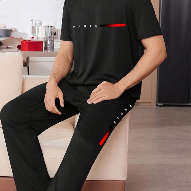 TEMU طقم بيجاما رجالي من قطعتين بطبعة بأكمام قصيرة وبنطلون طويل أسود