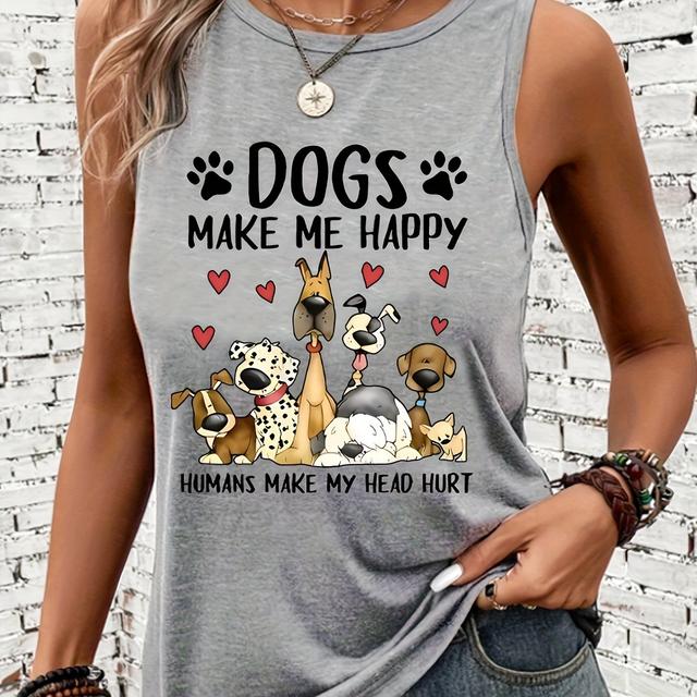 TEMU Women's Round Neck Sleeveless Tank Top, Cartoon Dog Pattern, Women's Casual Sports Wear