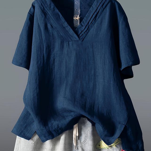 TEMU Plus Size - Plus Size - Plus Size Shirt Sommer Neue Damenmode Unifarben Kurzarm V-Ausschnitt Schlitz Irregulär Lockerer Schnitt Plus Size