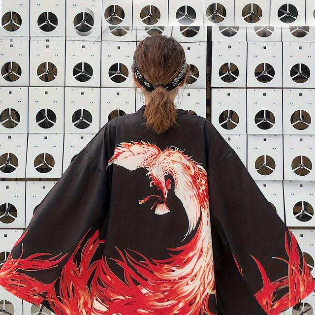 TEMU レトロ日本風鳳凰プーズ長袖キモノカーディガン、軽量ポリエステル繊維、マイクロ弾性、部族柄、ベルトなし、チェストパッドなし、120G/M2、春夏用アウター