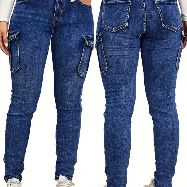 TEMU Plus Size - Plus Size, Damen High-Waisted Weite Bein Jeans mit Seitentaschen - Stretchige Denim-Hosen, Ganzjahres- für Freizeit & Streetwear, Maschinenwaschbar, High-Waisted Jeans