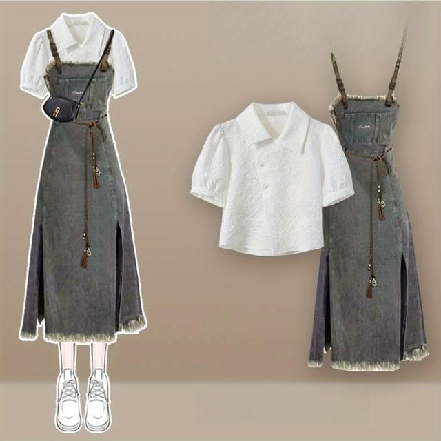 TEMU サマースーツ ビッグサイズ スキー デニムドレス カミソールスカート レトロストキルト 半袖トップ 2点セット レディース