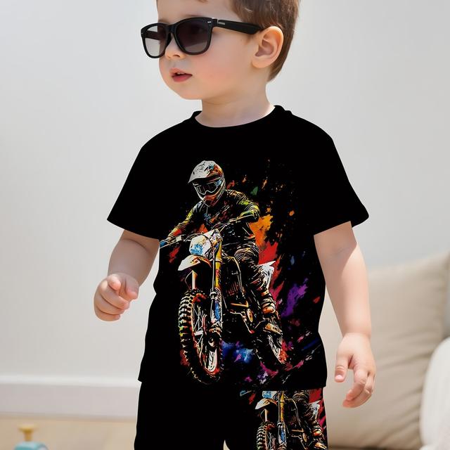 TEMU 2pcs Summer New Style Boys' And Infants' Casual Sports Fashion -road Motorcycle Printed Round-neck T-shirt And Shorts Set, Outdoor