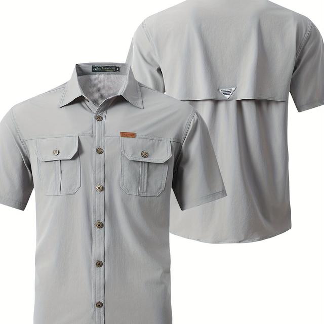 TEMU เสื้อเชิ้ตชายแขนสั้นสีฟ้าหมอกคอปุ่มมีกระเป๋า สไตล์ย้อนยุคสีพื้น ยืดหยุ่น สบายๆ สำหรับกิจกรรมแคมป์ปิ้งกลางแจ้งและการทำงาน