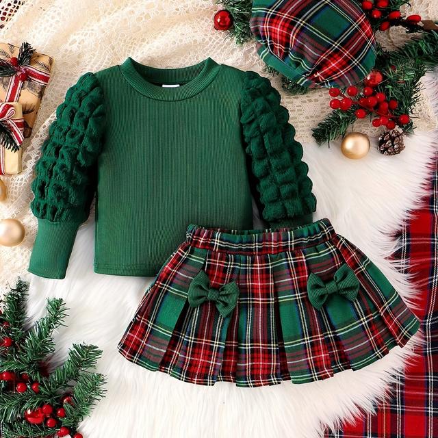 TEMU Girl' Bubble Long-sleeve Top With Double Bows, Skirt, And Hat, Three-piece Set For Daily Casual Wear And Performance, Spring/autumn, Perfect For Outdoor