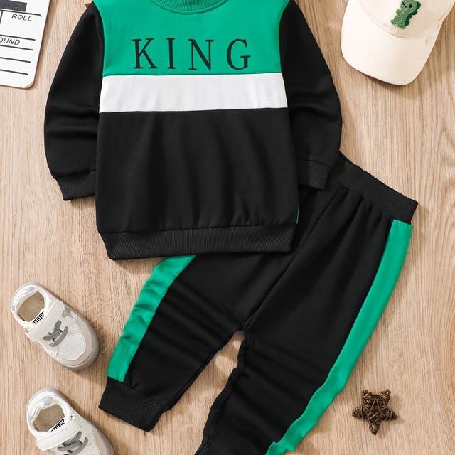 TEMU Wiosenno-Jesienny Król Trzyczęściowy Zielony, Biały i Czarny Modny Garnitur dla Chłopca, na Zewnątrz