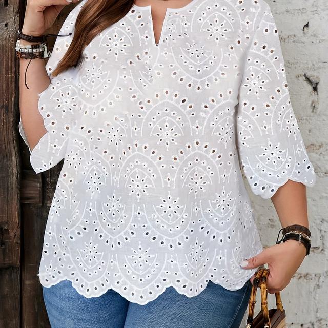 TEMU Plus Size, Targeted Development Summer Eyelet Embroidery Solid Color Plus Size Shirt, Vacation Oversized Women's Blouse