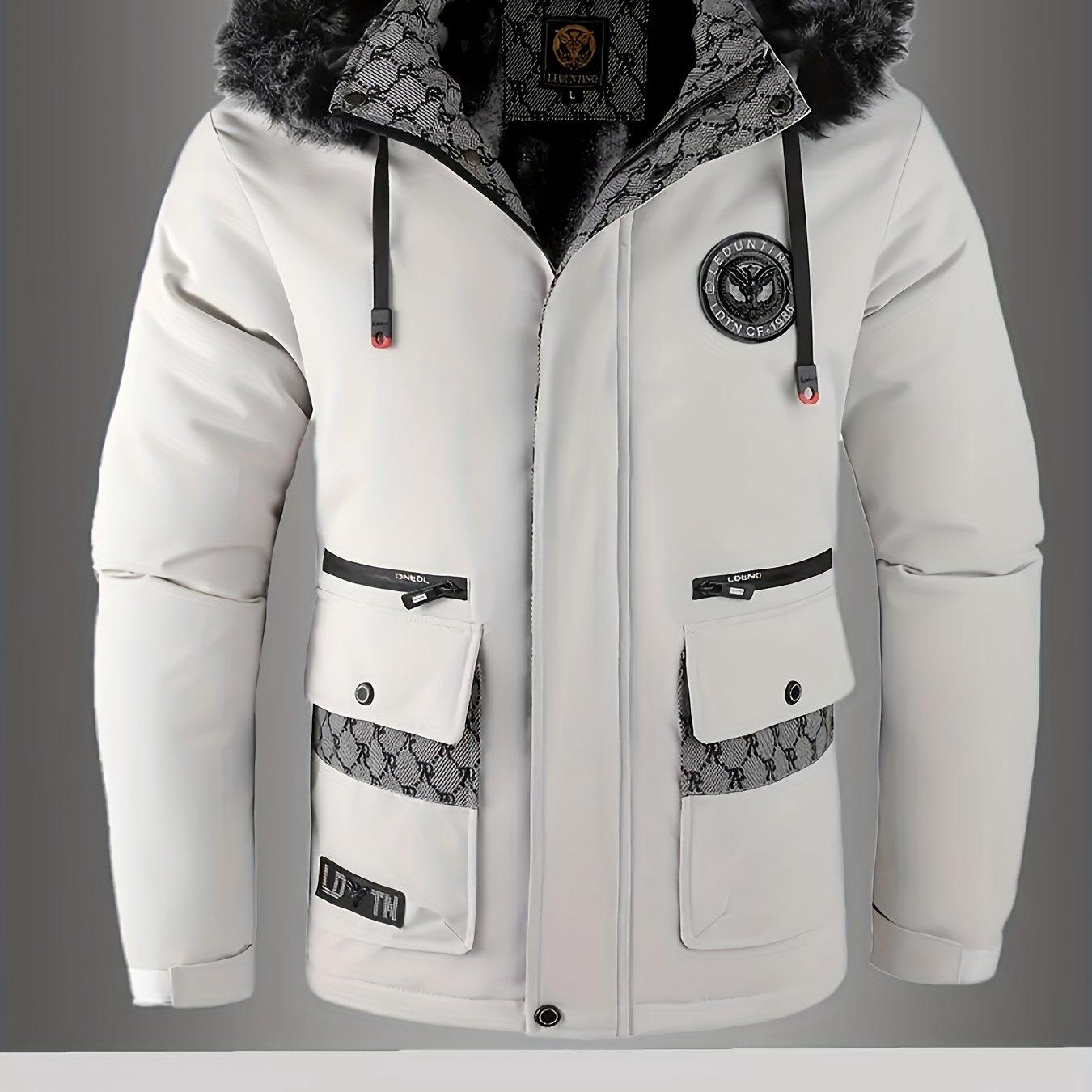 TEMU Manteau d'hiver poids lourd pour hommes avec capuche en fausse fourrure de et fermeture éclair intégrale - Coque lavable en machine, veste noire décontractée adaptée au temps froid