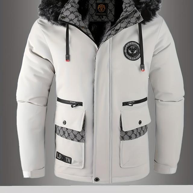 TEMU Manteau d'hiver poids lourd pour hommes avec capuche en fausse fourrure de et fermeture éclair intégrale - Coque lavable en machine, veste noire décontractée adaptée au temps froid