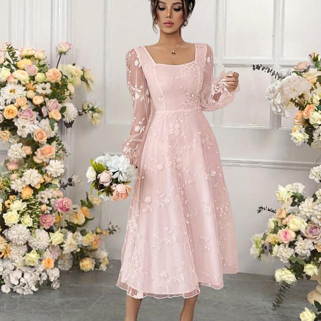 TEMU Elegant Long-sleeve Bridesmaid Dress Made Of Solid Color Mesh With Embroidery For Parties