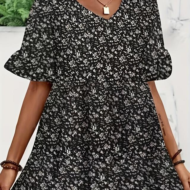 TEMU Elegant Plus Size V-neck Blouse With Ruffle Sleeves And Floral Print, Lightweight 100% Polyester Summer Top For Women, Machine Washable, Pleated Hem, Casual Outfits, Floral Print Blouse