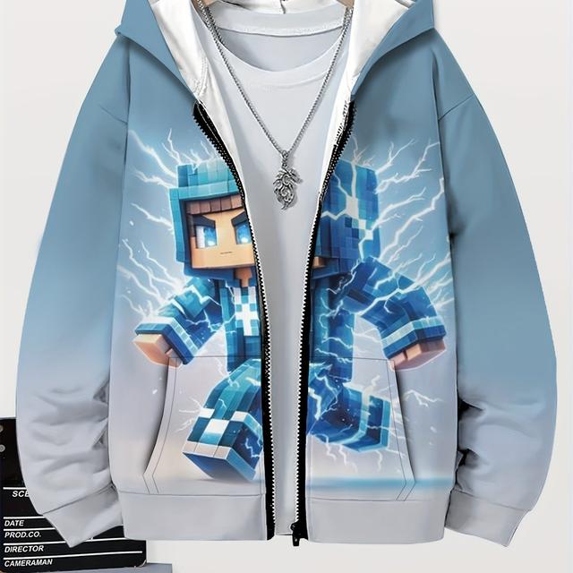 TEMU Geometric Pixel Character Zip-up Hoodie, Casual Polyester Knit Fabric With Stretch, Long Sleeve Pullover With Kangaroo Pocket, 3d , For Teens And Adults, Fall/winter Collection