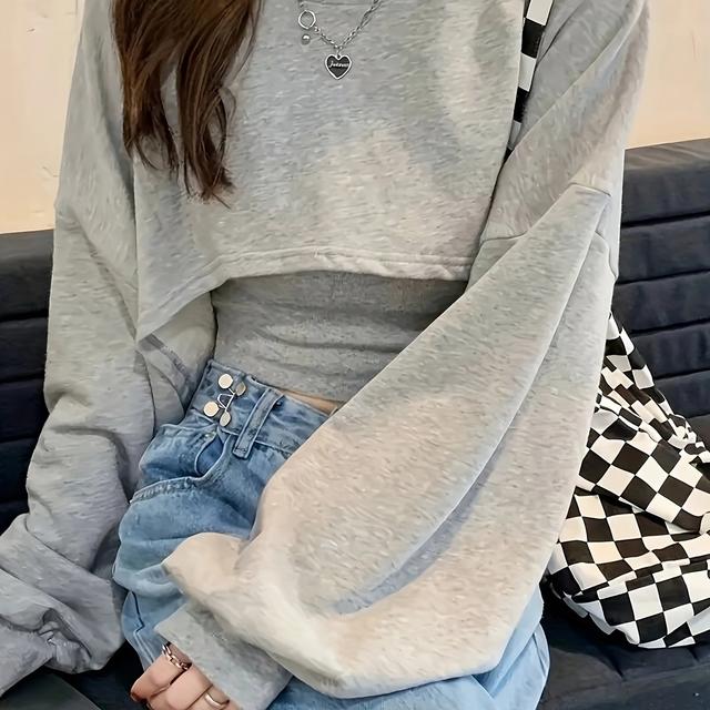 TEMU 여성용 일본식 한일 스타일 캐주얼 긴소매 봄/가을 크롭 스웨트셔츠 - 라운드 넥 루즈핏 상의, 일상 외출 및 댄스웨어용, 패셔너블한 풀오버, 트렌드 애호가를 위한 필수템