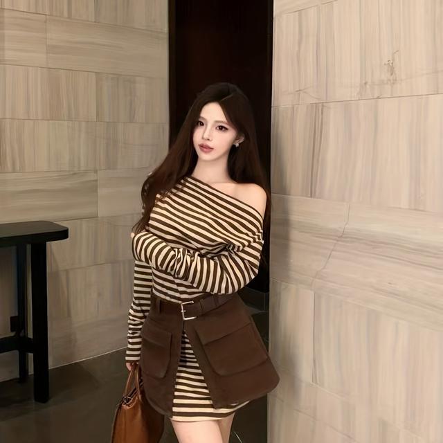 TEMU 2025年 早秋トレンド 一ショルライプ長袖ドレス/コーヒーカラー マルチポケットスカート/シンプルベルト スセット - ハイウエスト 多機能ワークウェア 通勤用 スセット