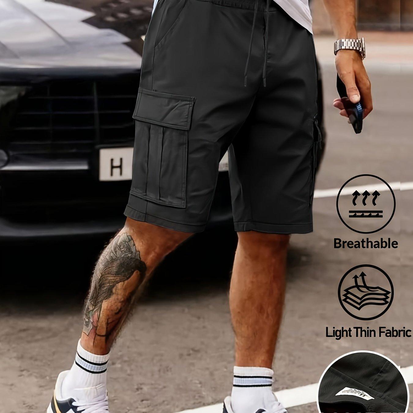 TEMU 1pc Men's Summer Casual Workwear Shorts With Drawstring Waist & Multi- - Lightweight Breathable Fabric, Regular Fit For Daily Wear, Outdoor Sports, Leisure (solid Color)