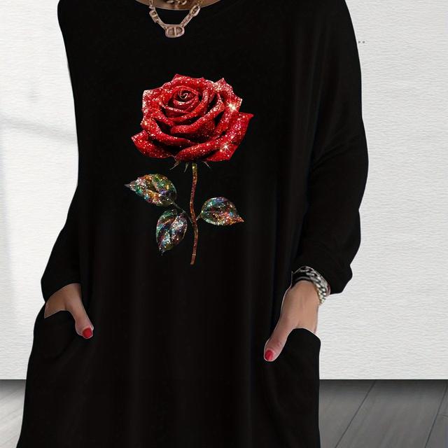 TEMU 女性用カジュアルな長袖クルーネックTシャツ、生え花プリント付き - 機械洗い可能、オール快適、毎日のTシャツ | ルプリントトップ | 快適なフィット、レディースTシャツ