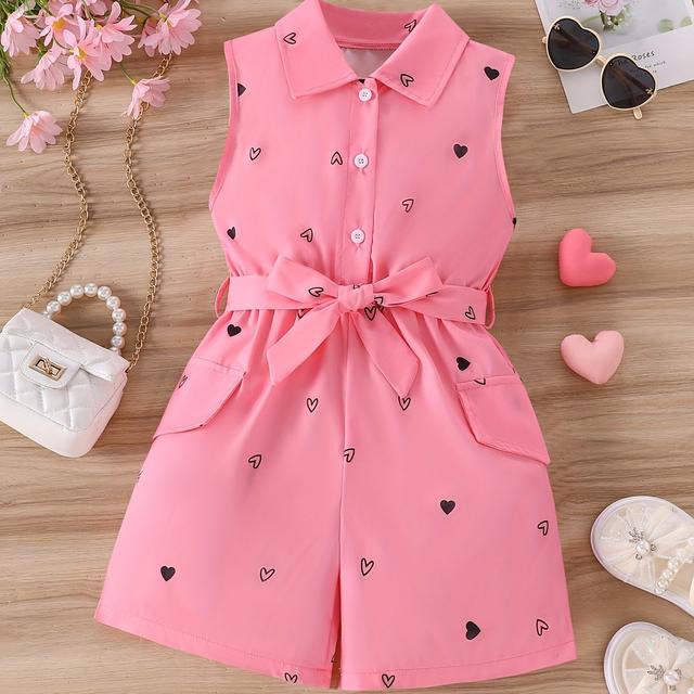 TEMU A Cute Sleeveless Jumpsuit With Pink Heart Prints, Perfect For Spring And Summer, For Outdoor