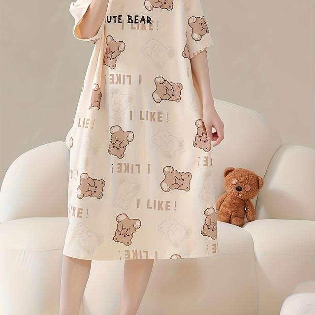 TEMU Cartoon Bear Letter Print Dress Summer Short Sleeve Midi Nightgown