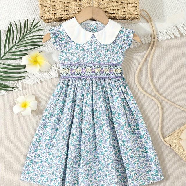 TEMU Baby Girl's & White Floral Print Smock Dress With Peter Pan Collar & Short Sleeves - A-line Knee-length Summer Dress For &, Machine Washable Party Wedding Guest Outfit