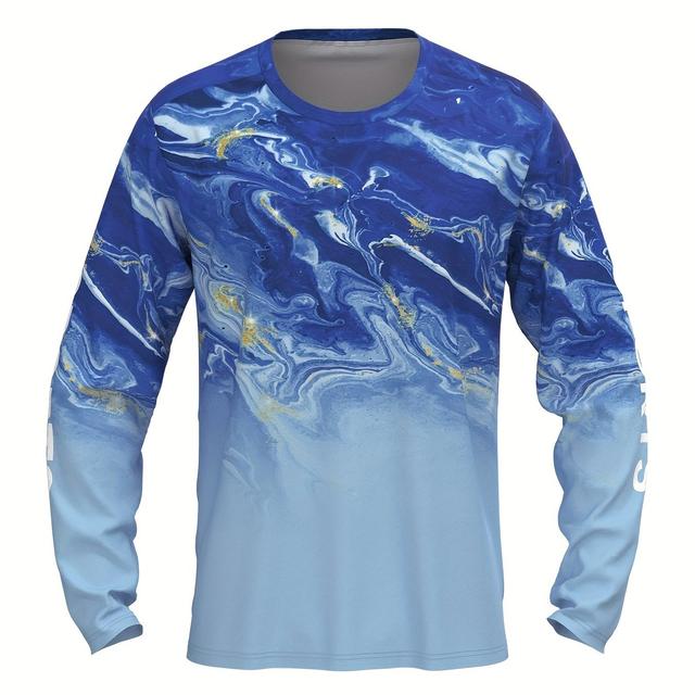 TEMU Camiseta de protección solar con estampado gráfico marino para hombre, camiseta de manga larga de secado rápido con cuello redondo para pesca, senderismo y actividades al aire libre.