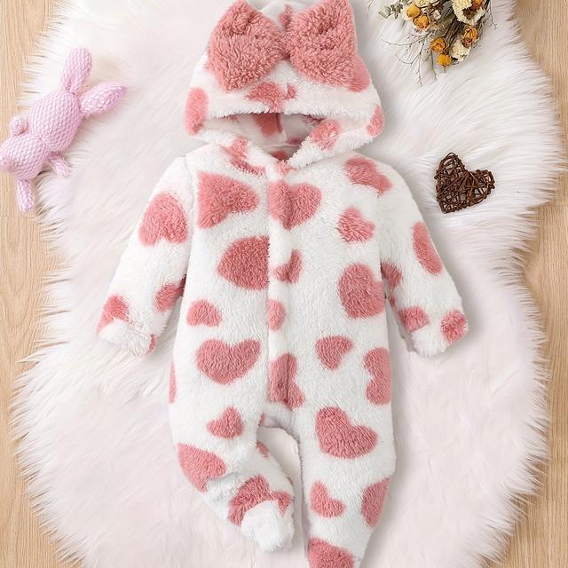 TEMU Girls' Autumn/winter Cute Pink Heart Furry Hooded Bow Footless Romper For Casual , Perfect For Outdoor