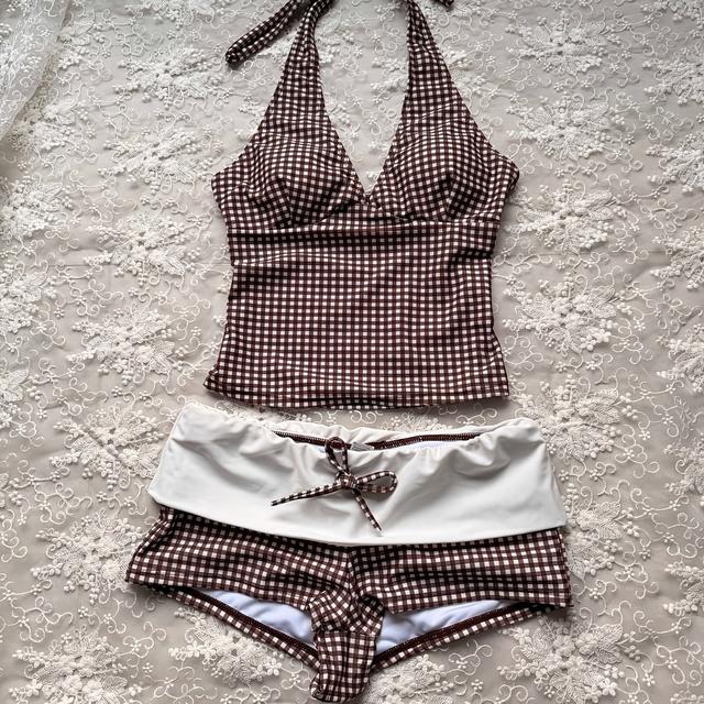 TEMU ชุดว่ายน้ำผู้หญิงสไตล์เรโทร ลายตาราง คอฮาลเตอร์ เซ็กซี่ เปิดหลัง กางเกงขาสั้น