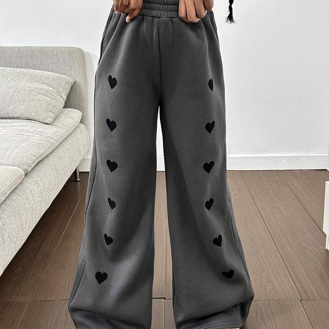 TEMU Girls' Autumn Versatile High-waisted Grey Heart Print Flared Pants, Perfect For Outdoor