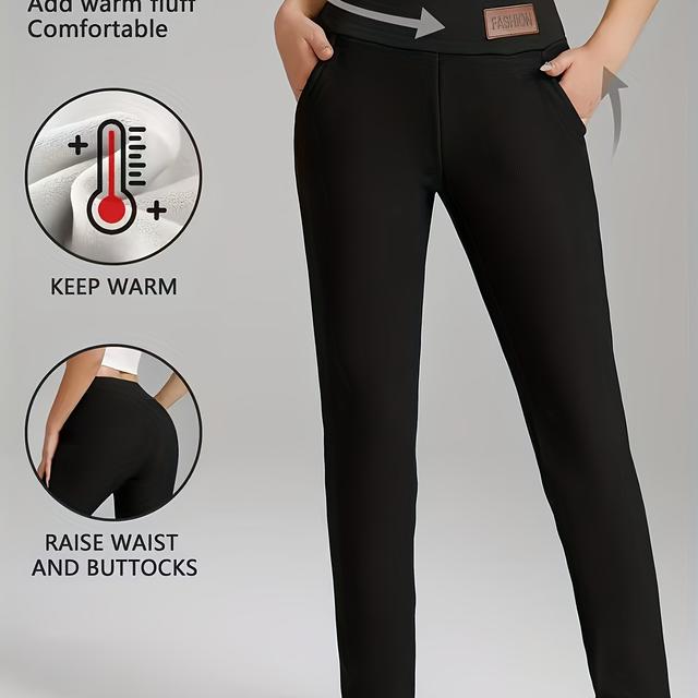 TEMU A Pair Of Women's Fleece-lined Warm Leggings, Stylish With Pockets, Thickened For Outdoor Leisure And Fitness, Suitable For Yoga, And Perfect As Base Layer Pants For Autumn And Winter