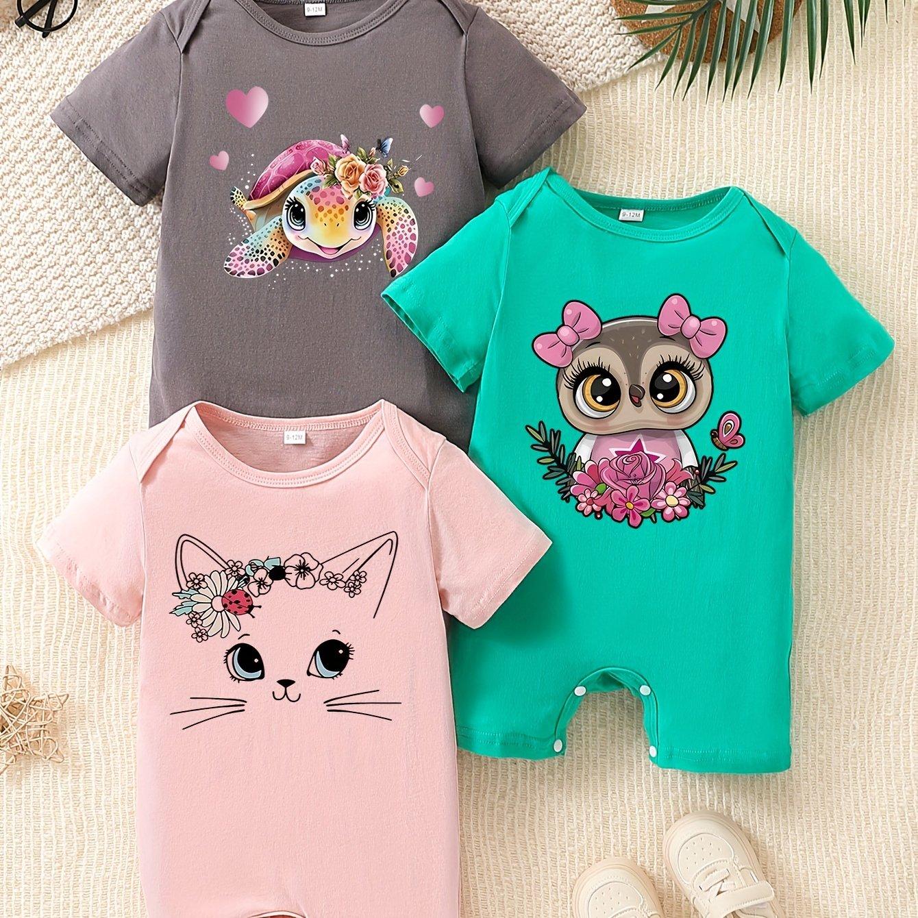 TEMU 3pcs Pack Summer Short Sleeve Onesies - Soft Breathable Pure Cotton Rompers Suitable For To, Casual Clothing (hand Wash/dry), Perfect For Outdoor