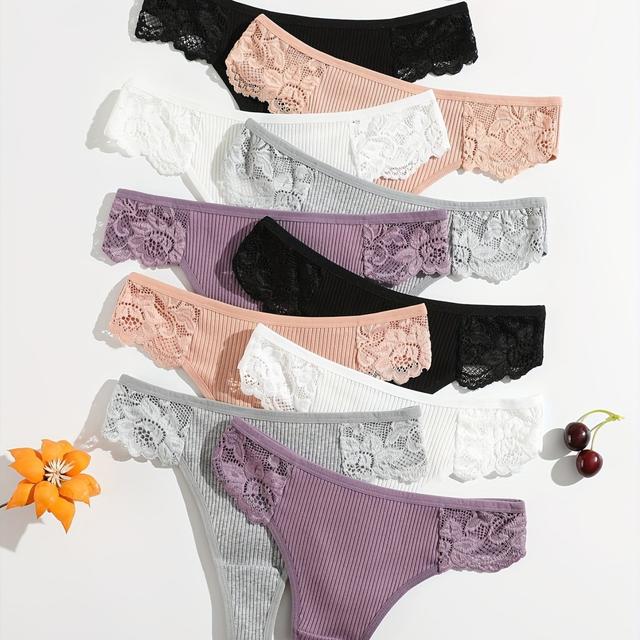 TEMU 10pcs Women' Color Lace Thong Panties - Elastic, Breathable, Soft Texture, Assorted Colors (black, White, Pink, Purple), Everyday Wear, Everyday Underwear | Lace Trim Panties | Fabric