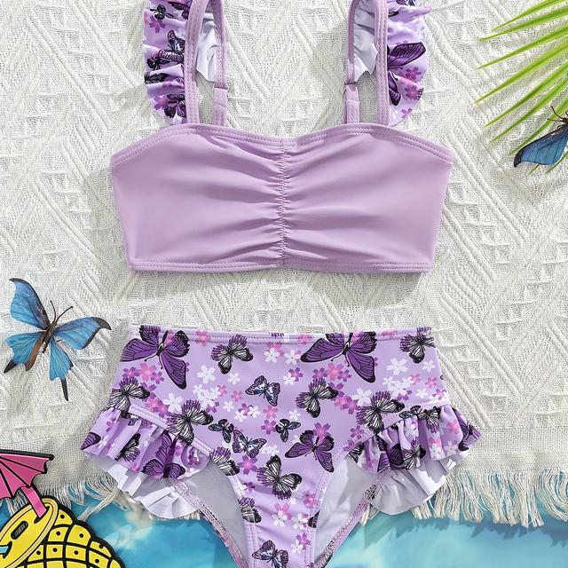 TEMU Niedliches Schmetterlingsdruck Mädchen Off-Shoulder Rüschen-Detail Modisches Zweiteiliges Badeanzug-Set