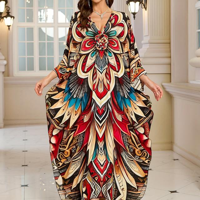 TEMU Vestido de playa de gran tamaño con estampado floral, cuello en V, de murciélago tejidas a , túnica larga, para vacaciones y salidas de playa.
