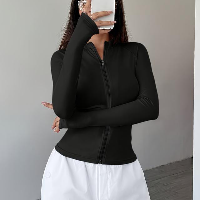 TEMU Women's Elegant Long-sleeve Zip-up Cardigan - Black, Y2k Style, Crew Neck, Solid Color, Stylish Zipper Detail, Fall/, Zippered Hoodie, Zipper Hoodie