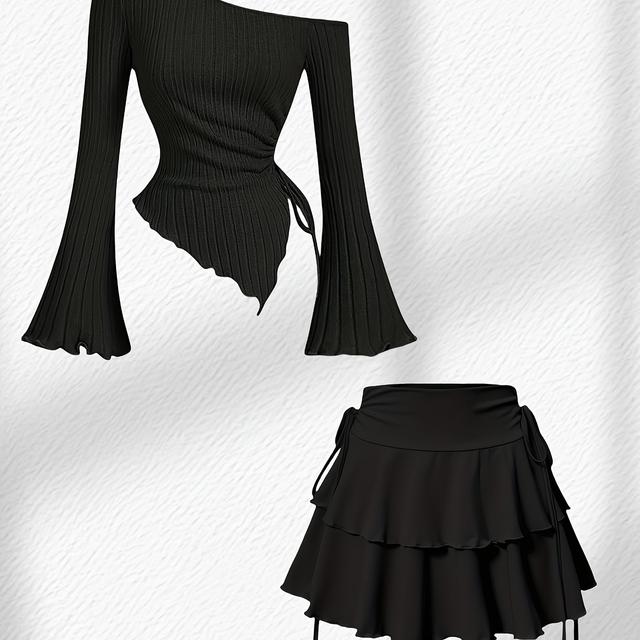 TEMU 새로운 여성용 탄력 있는 원단 슬림핏 봄/여름 패션 비대칭 디자인 티셔츠 탑과 스커트 세트