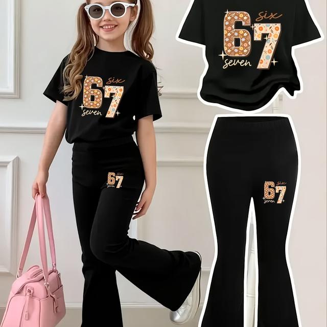 TEMU 4-12y Girls' Regular Short-sleeve And Fitted Flared Pants Two-piece Set - Style 67, Featuring A Standard Round Neck Design, Casual And Comfortable For Outdoor Wear